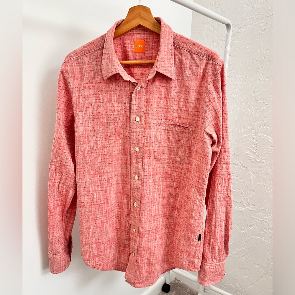 Hugo Boss Orange Shirt Mens L Textured Long Sleeve Button Up Light Red